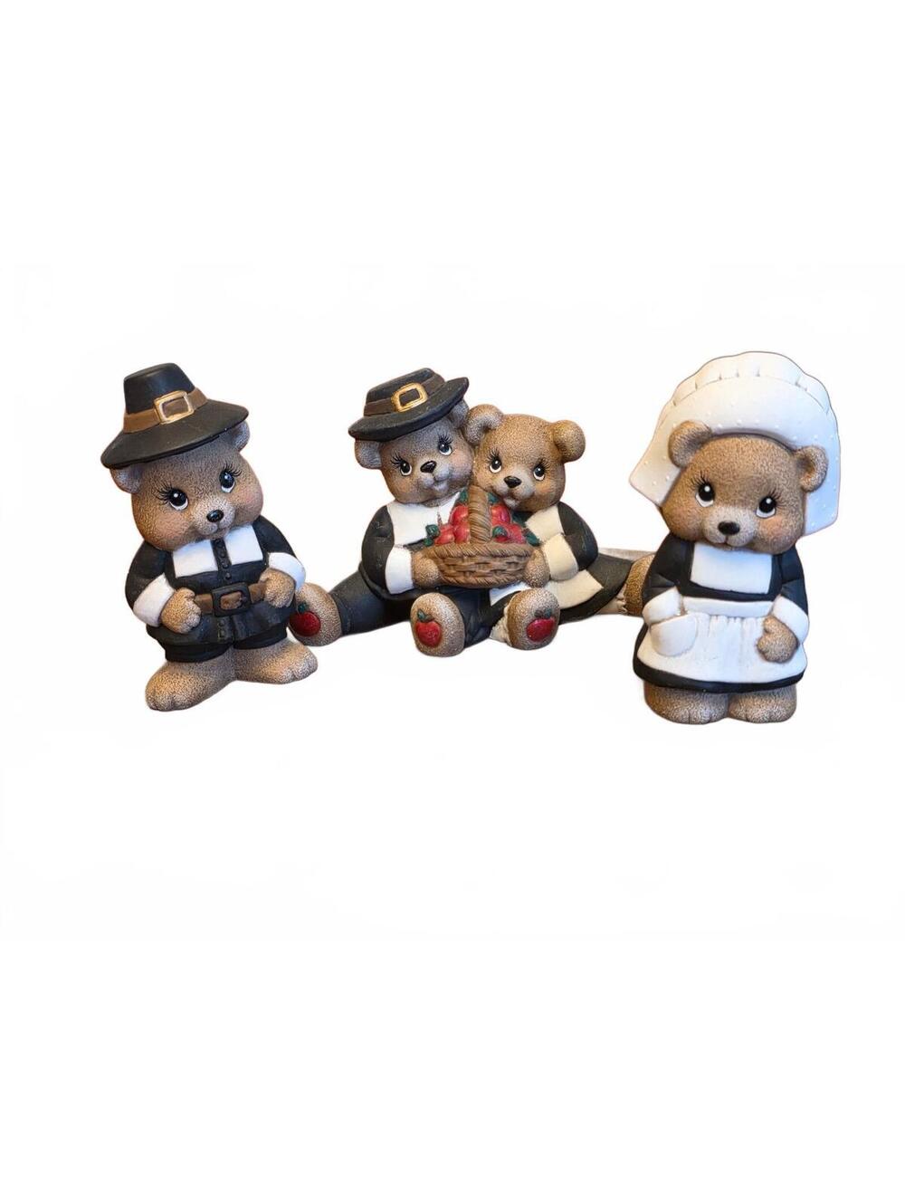 Vtg Hand Painted Ceramic Pilgrim Bear Figurines Thanksgiving Fall Decor Set of 3